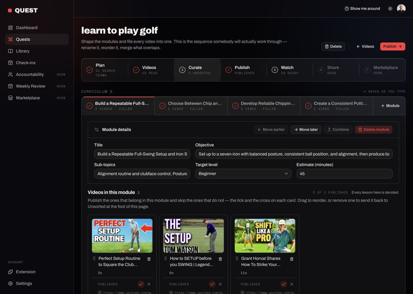 TubeQuest organizing golf videos into a learning path with modules, objectives and ordered lessons.