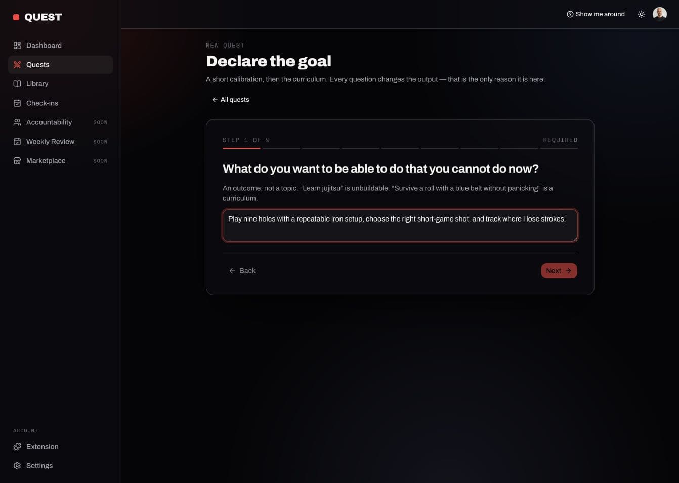 The first step of TubeQuest’s intake form, with an example goal to improve iron setup and short-game decisions over nine holes.